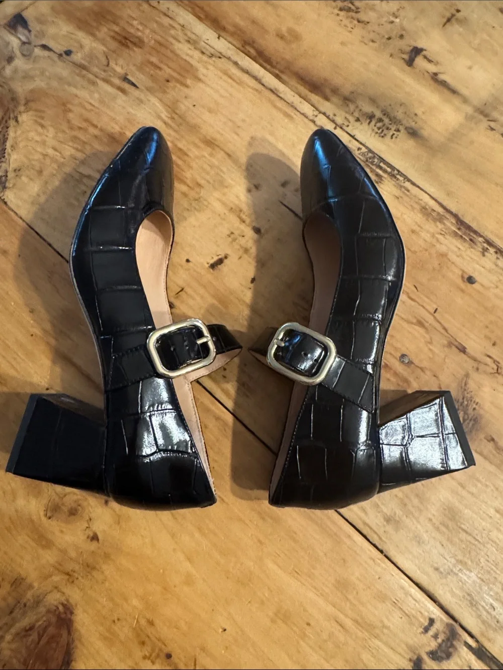 J.Crew Black Croc Embossed Leather Mary Jane Block Heel Pumps Size 7